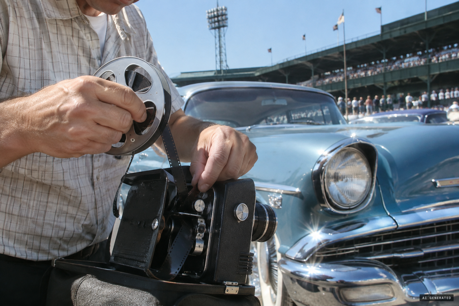 Mariana loads his 16 mm camera with Kodachrome film at his car