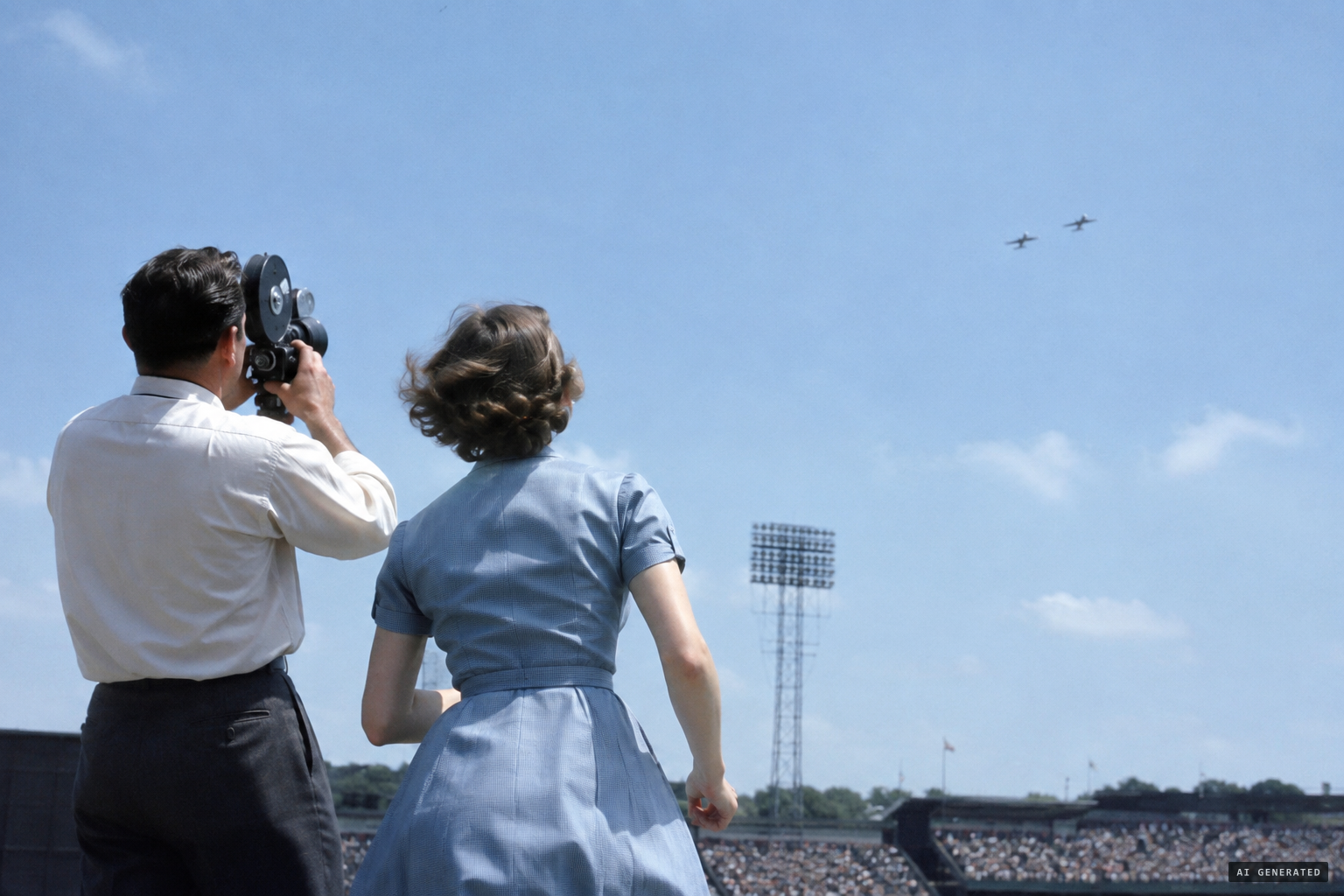 Mariana and his secretary Virginia Raunig outside, with two jets seen elsewhere in the sky afterward