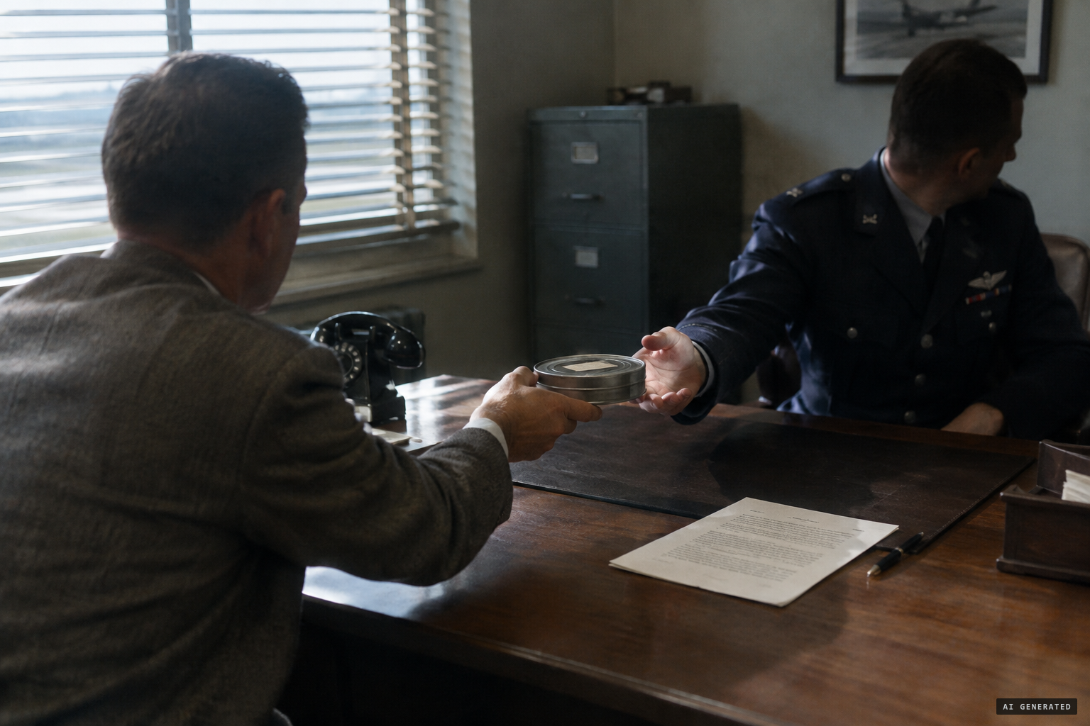 Mariana hands his film to Captain Brynildsen at Great Falls AFB after the agreement about the frames