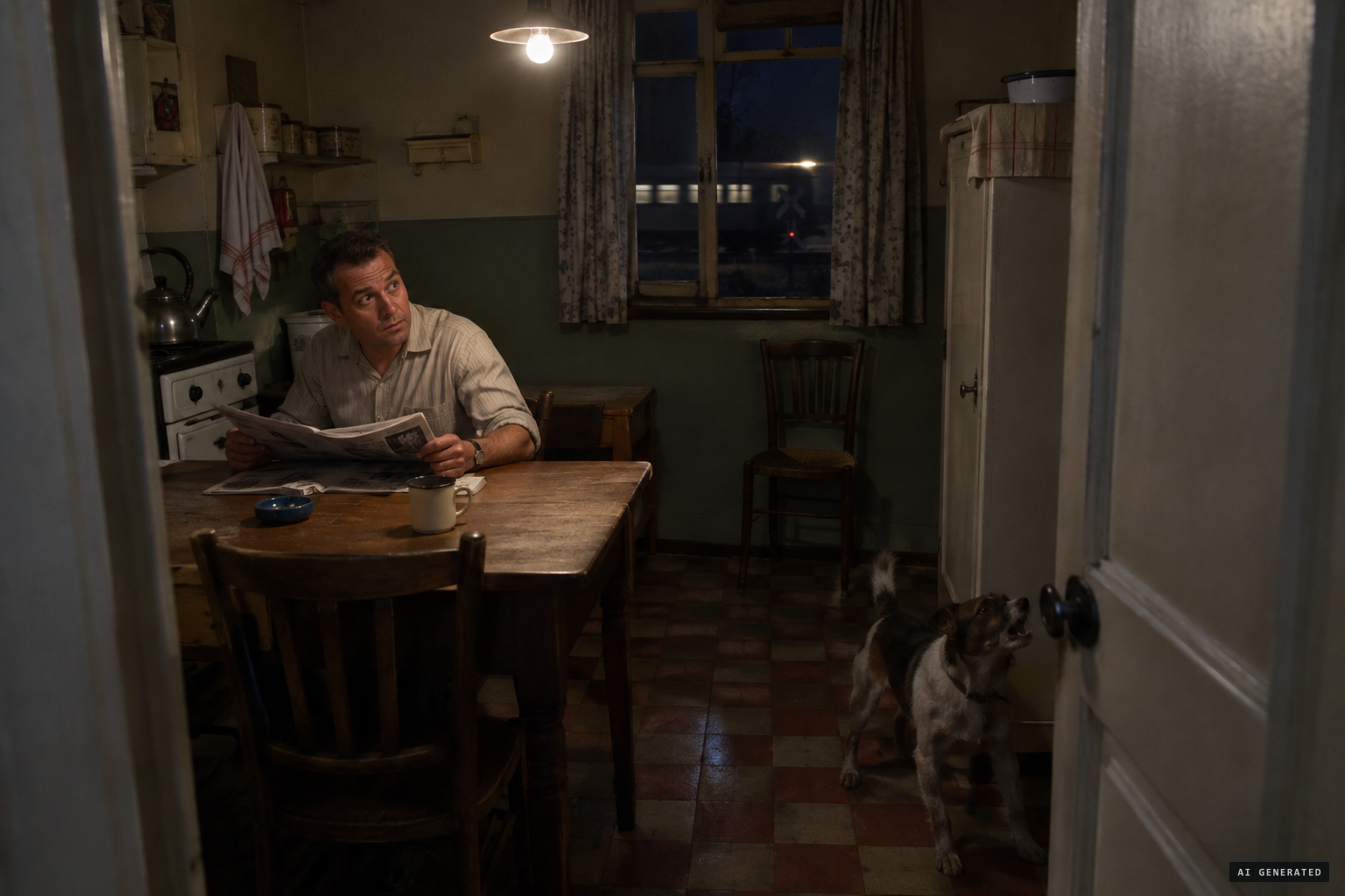 Dewilde reading in his kitchen as his dog Kiki starts barking