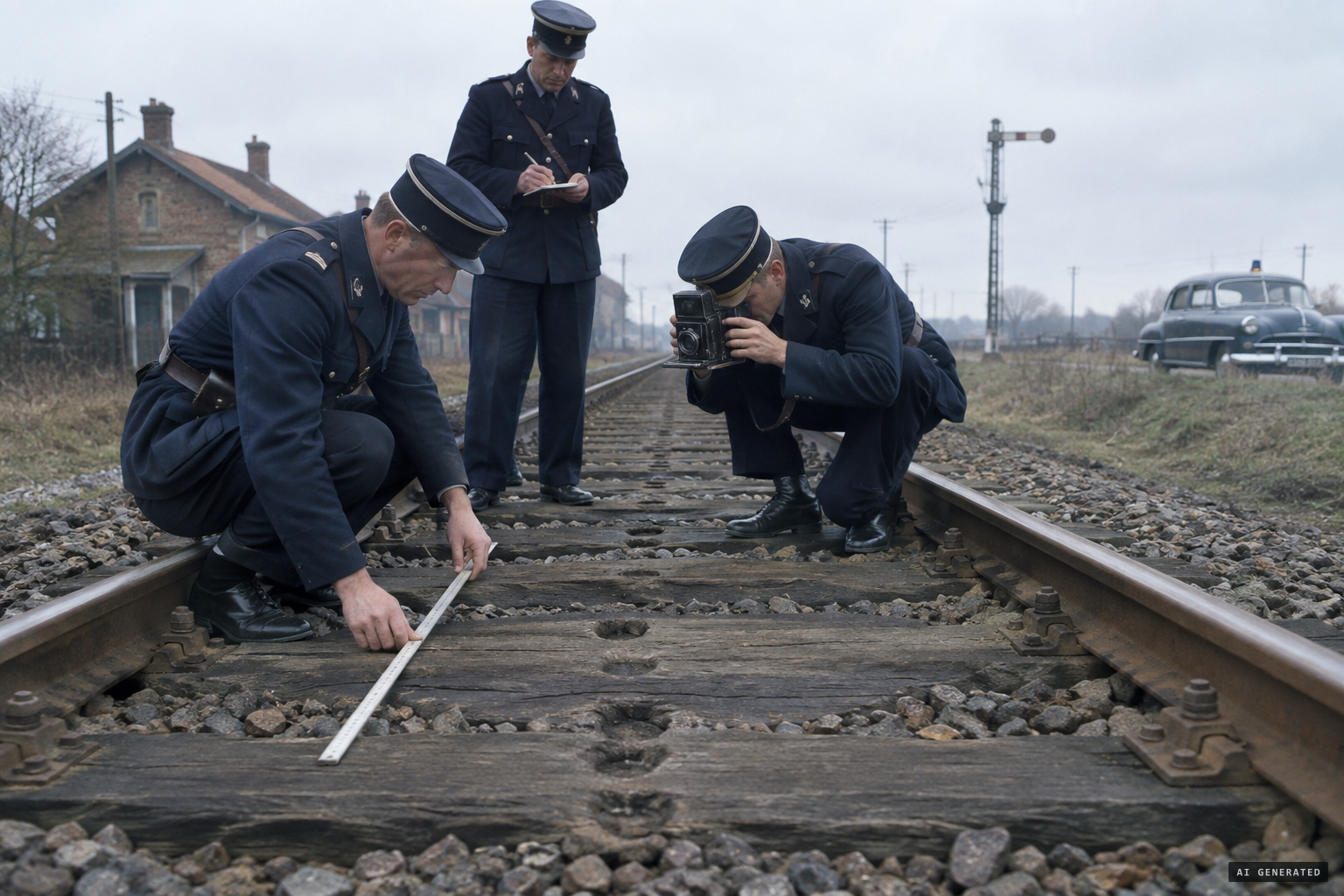Air Police inspectors photograph the five marks on the railway sleepers