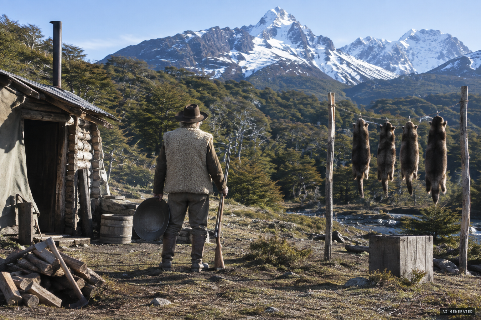 Martin Sheffield, prospector and otter hunter, in the Andes of Chubut