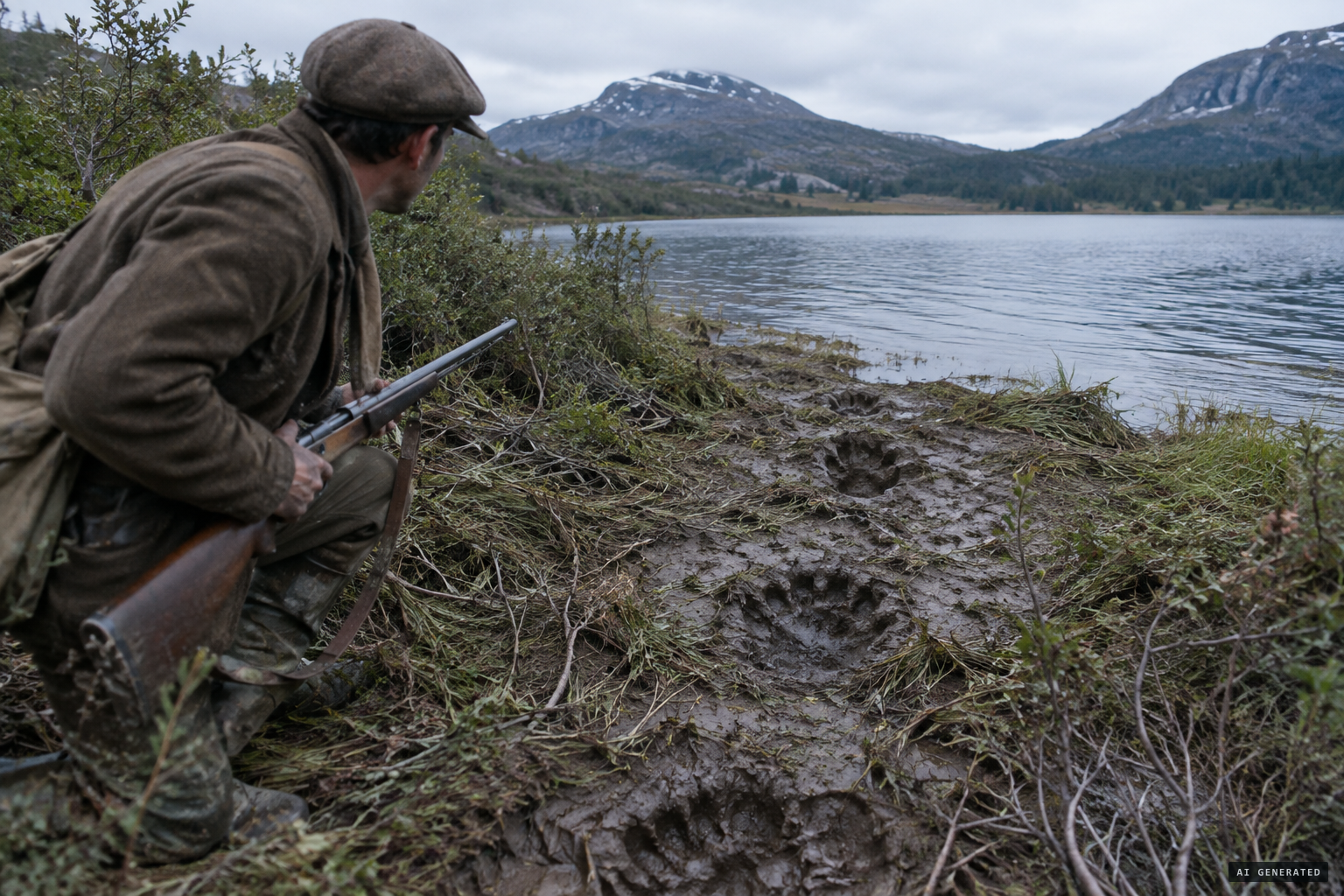 Trampled bushes and deep tracks by the lagoon, as if a heavy cart had been dragged