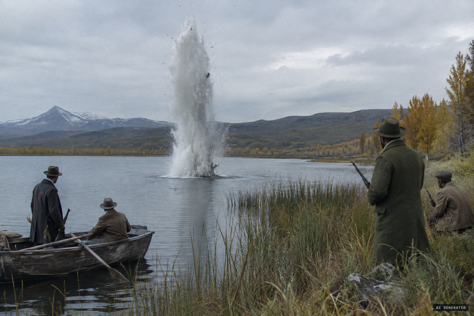 The party dynamites the lagoon to force the animal to the surface