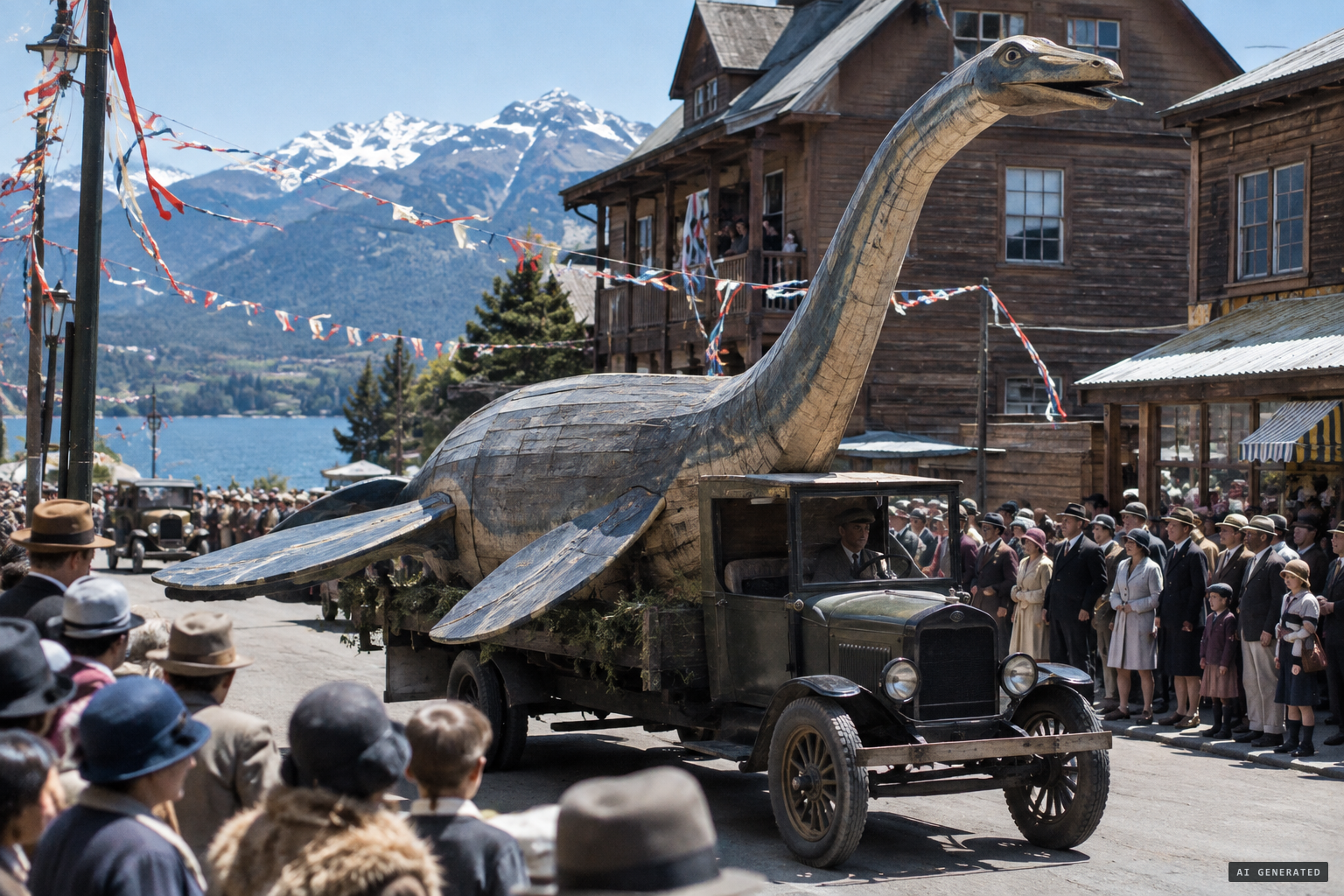 Primo Capraro's wooden plesiosaur on a Ford truck at the Bariloche carnival