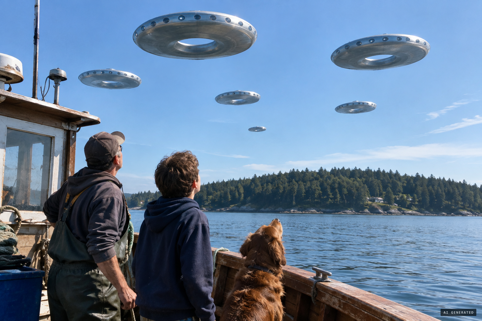 Six silent doughnut-shaped silver craft over the East Passage, about 2 p.m.