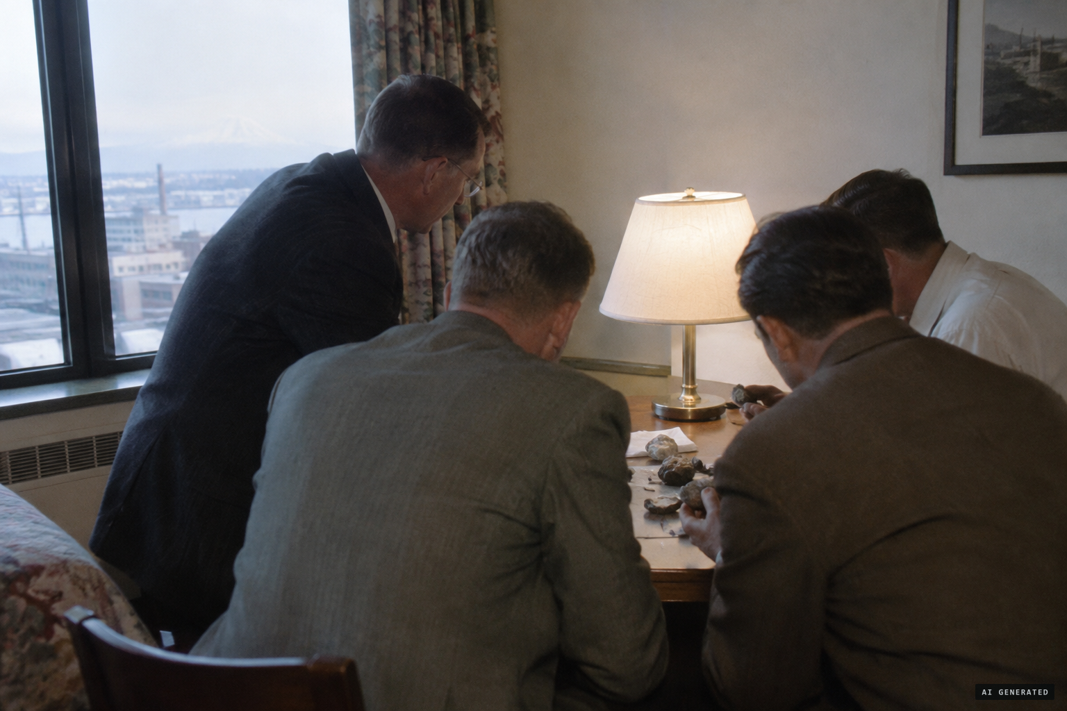 Arnold and Capt. Smith examine the white metal at the Winthrop Hotel