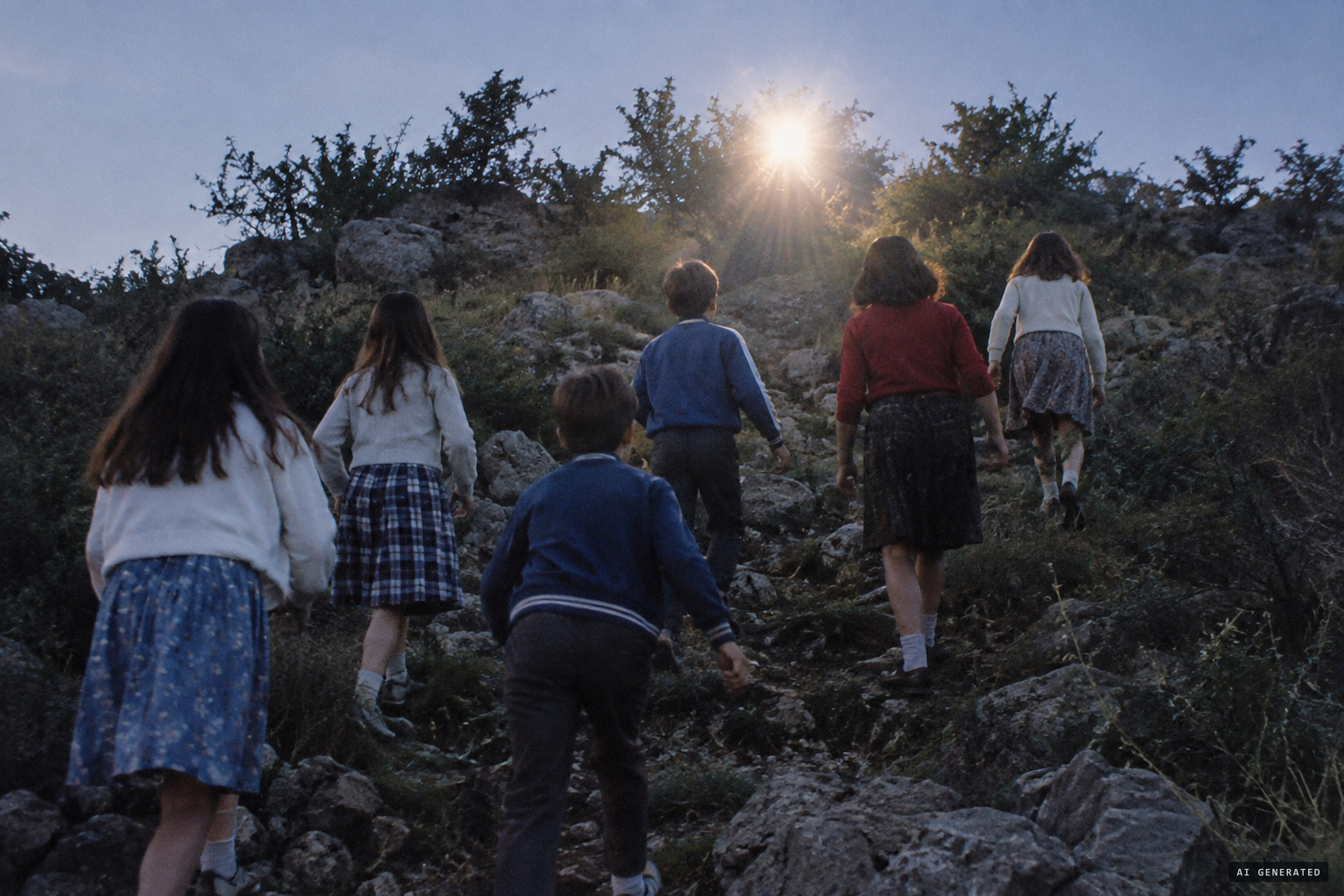 A flash of light, and the six go up the hill toward her