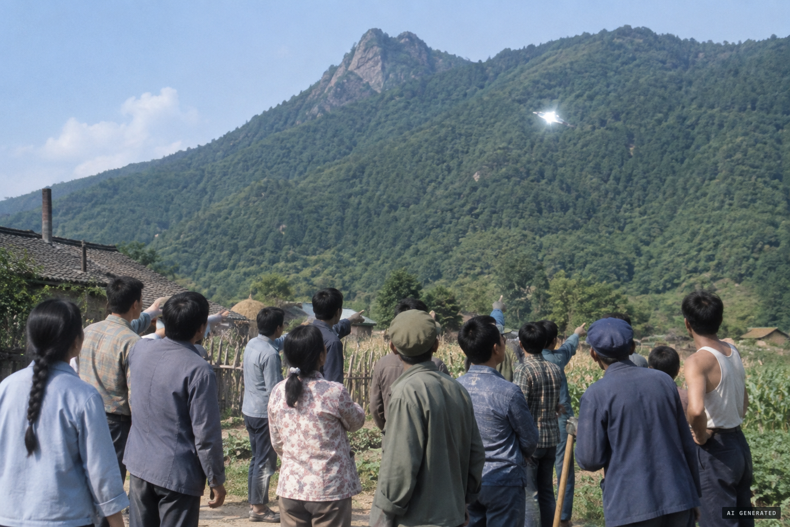 Villagers watch a bright reflective object flashing on the south slope