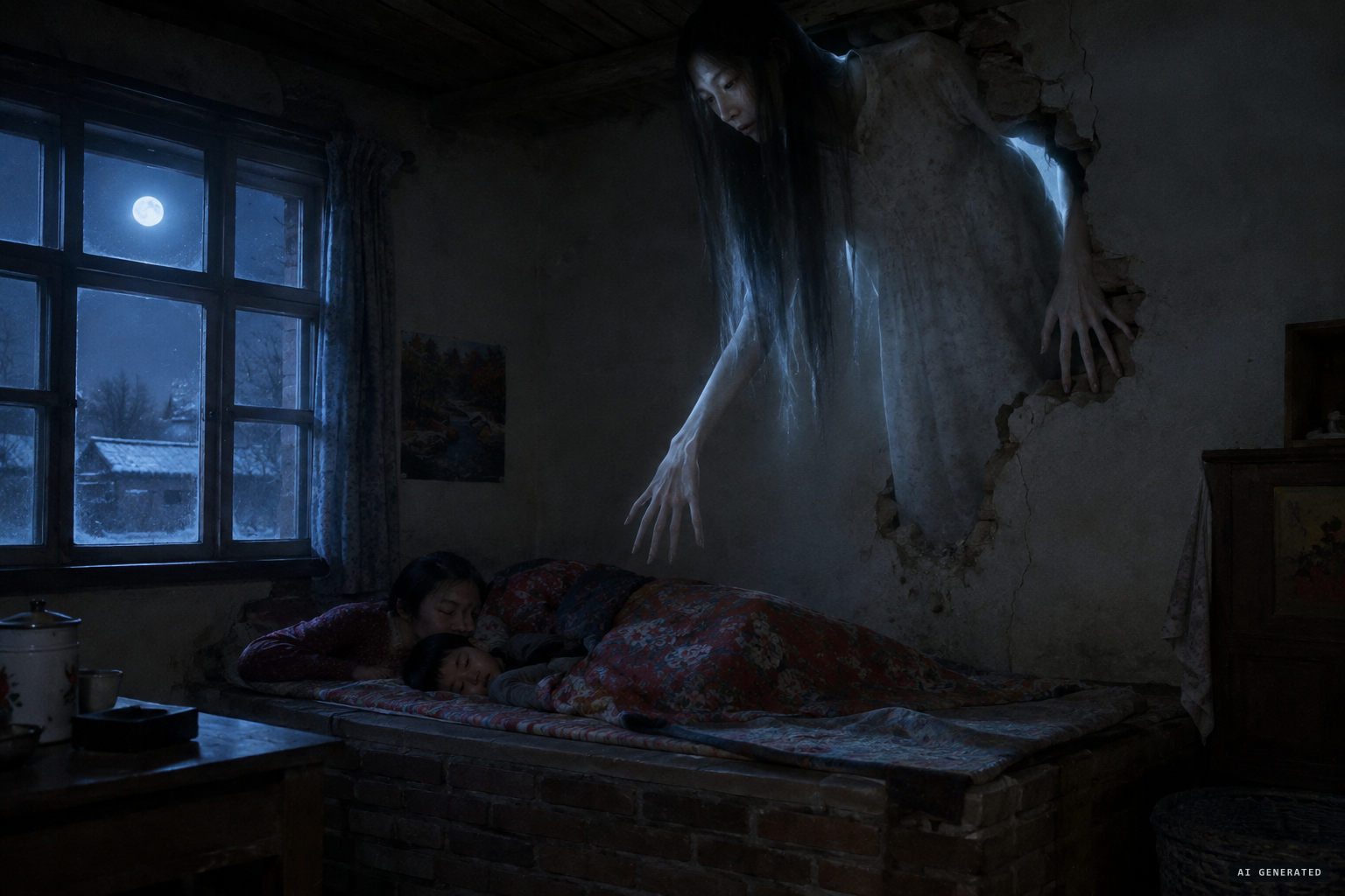A tall female visitor comes through the wall of Meng's home