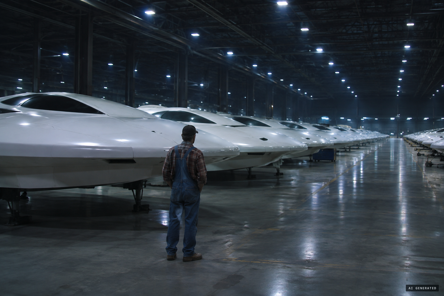 Meng is shown a hangar holding dozens of identical craft