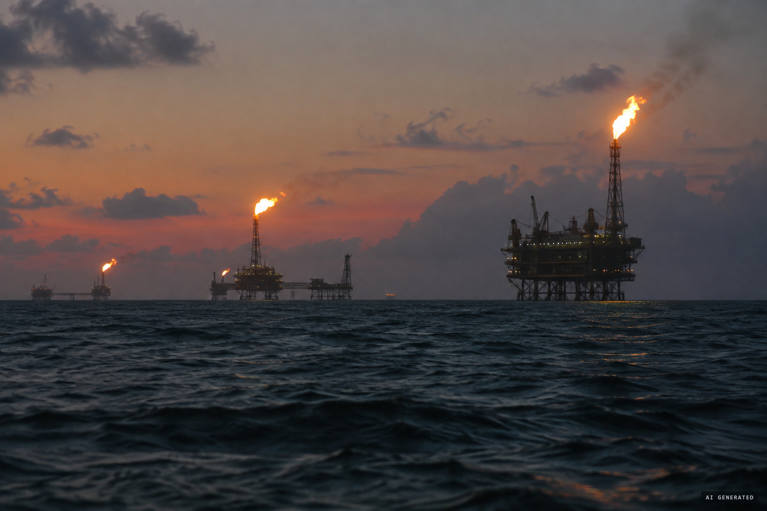 Gas flares on the Cantarell oil field platforms, 110 to 120 miles away