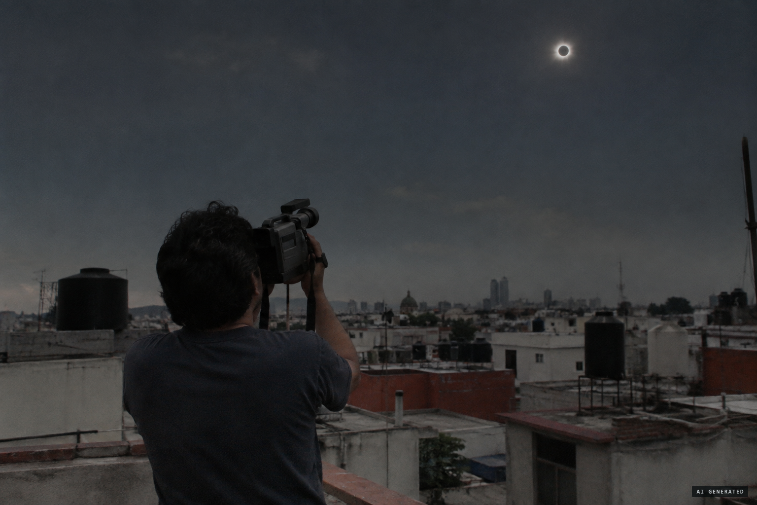 Guillermo Arreguín raises his camcorder on his rooftop at Glorieta de las Flores