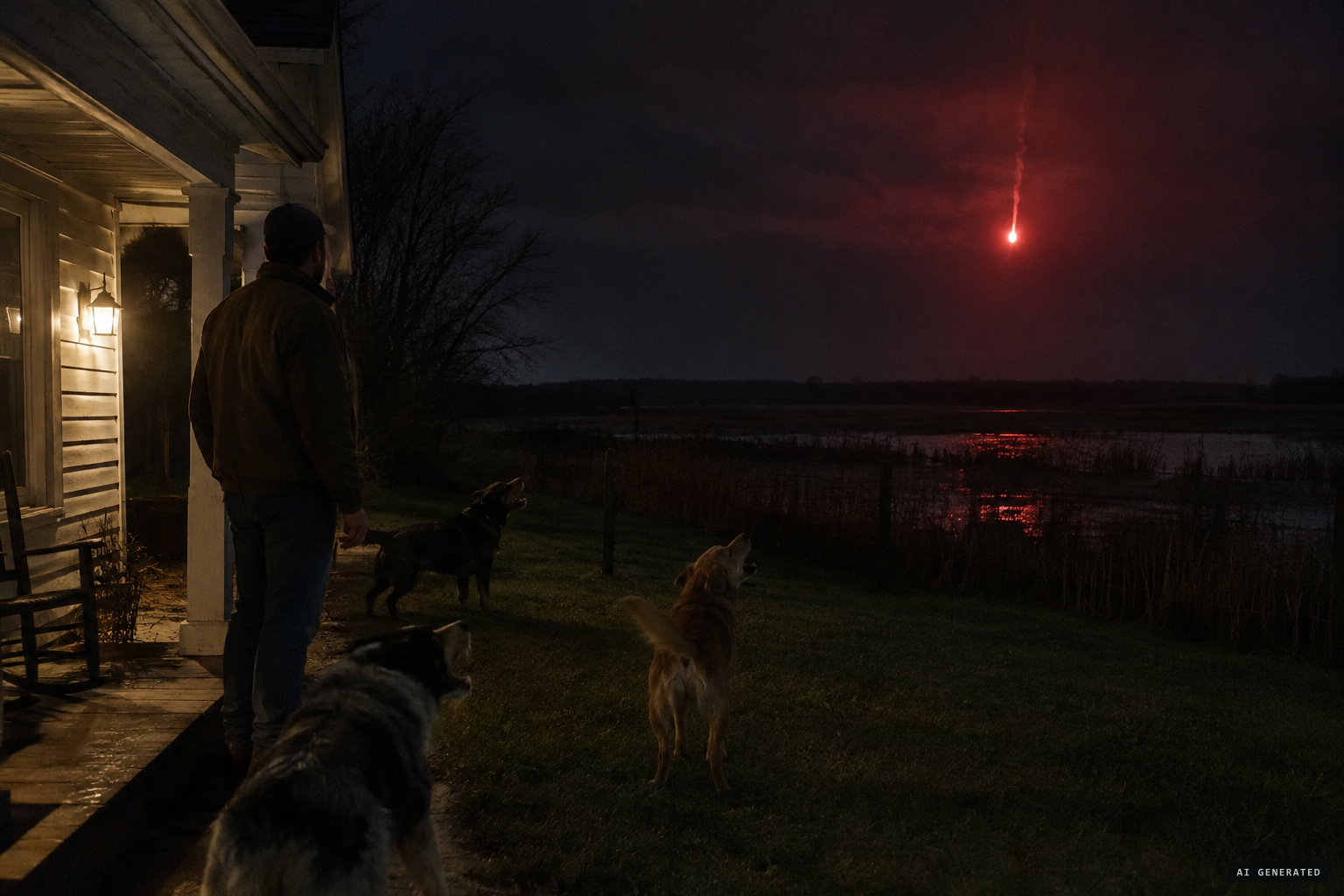 A red 'falling star' comes down over the marsh behind Mannor's farm