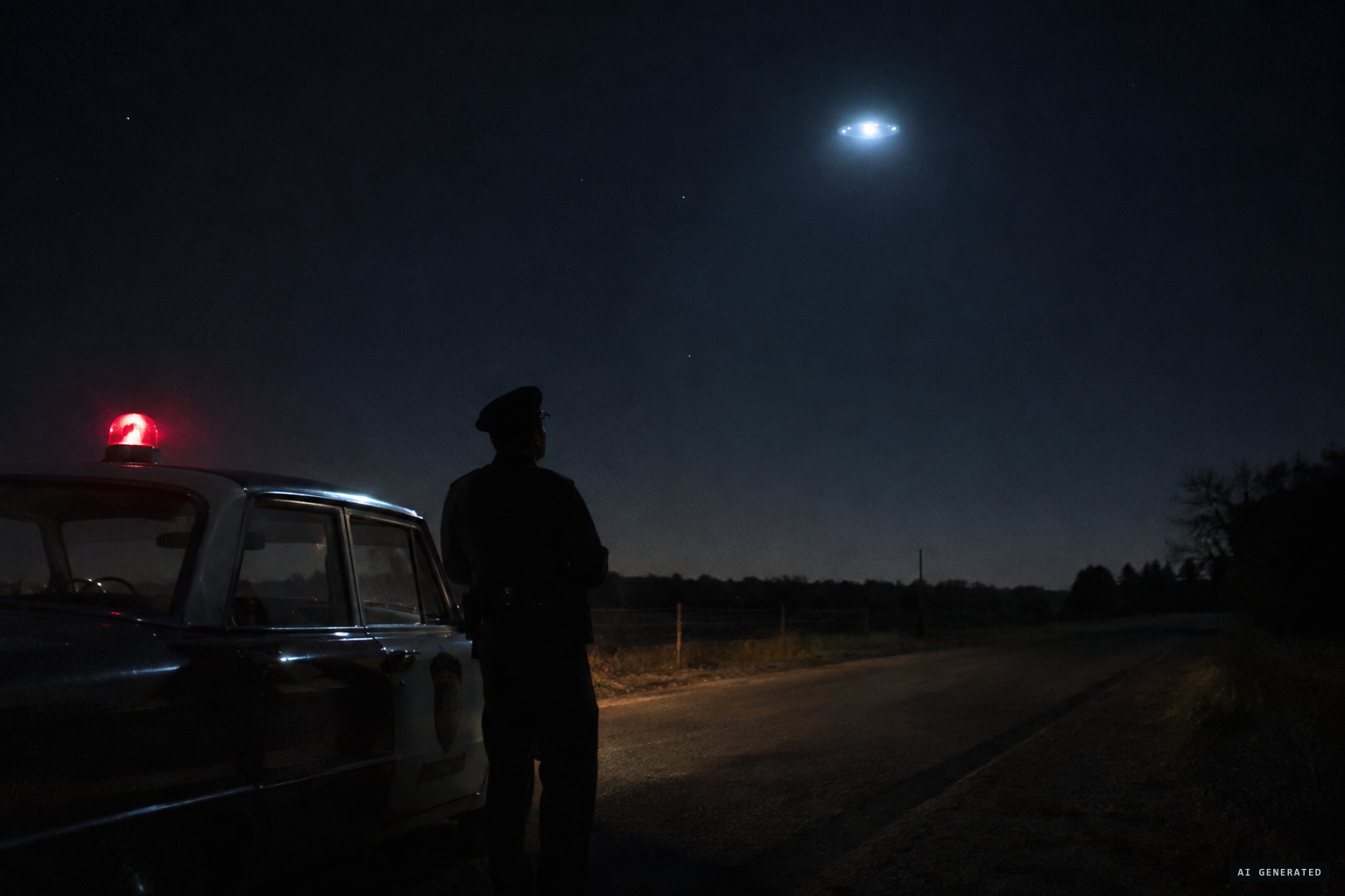 The object flies over Patrolman Hunawill's squad car and hovers