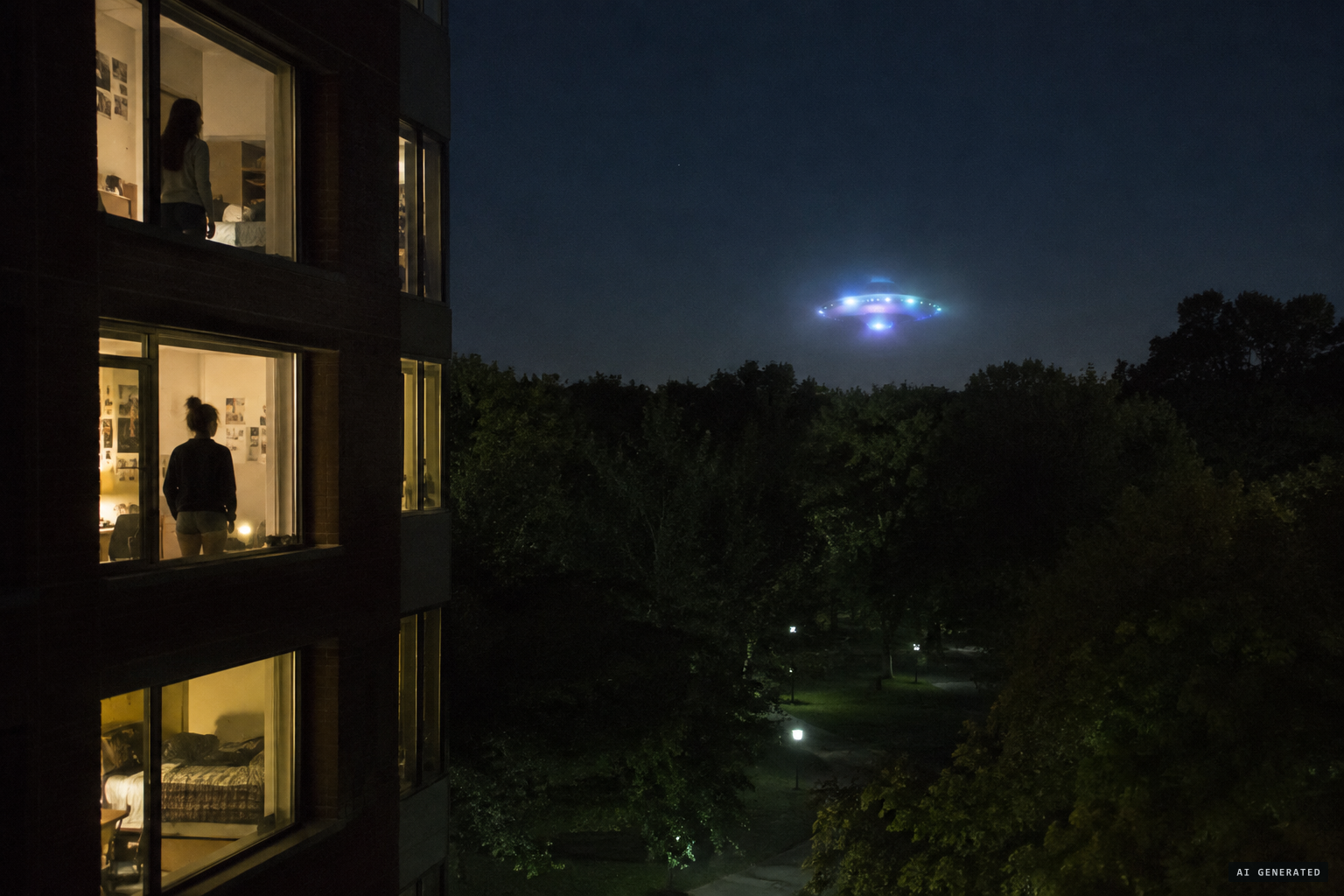 Women at McIntyre Hall watch the lights over the Slayton Arboretum