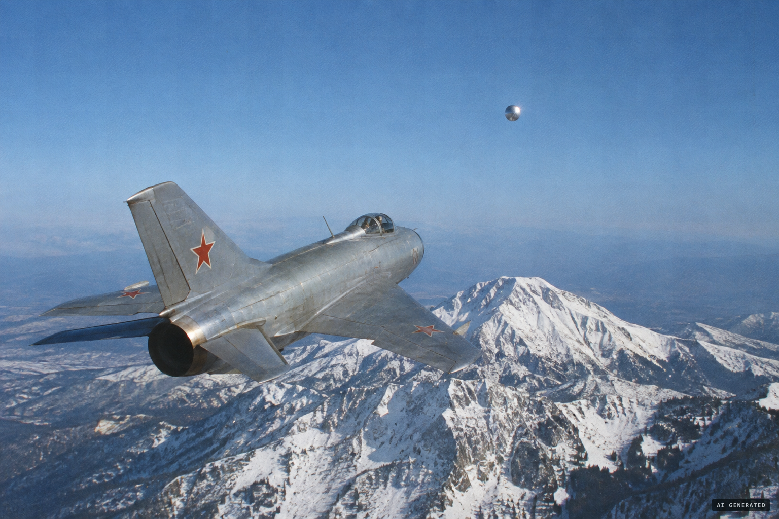 A MiG-19 meets a glittering sphere over Mount Tomorr