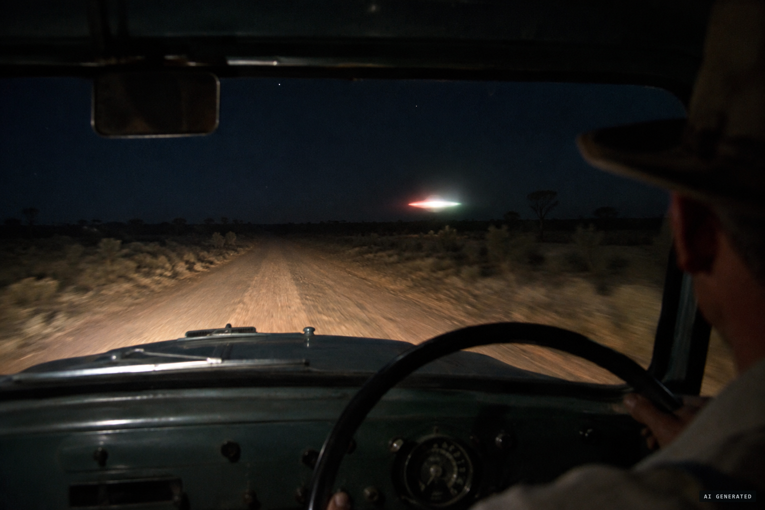 A fuzzy light paces a moving vehicle, shifting from white to red to green