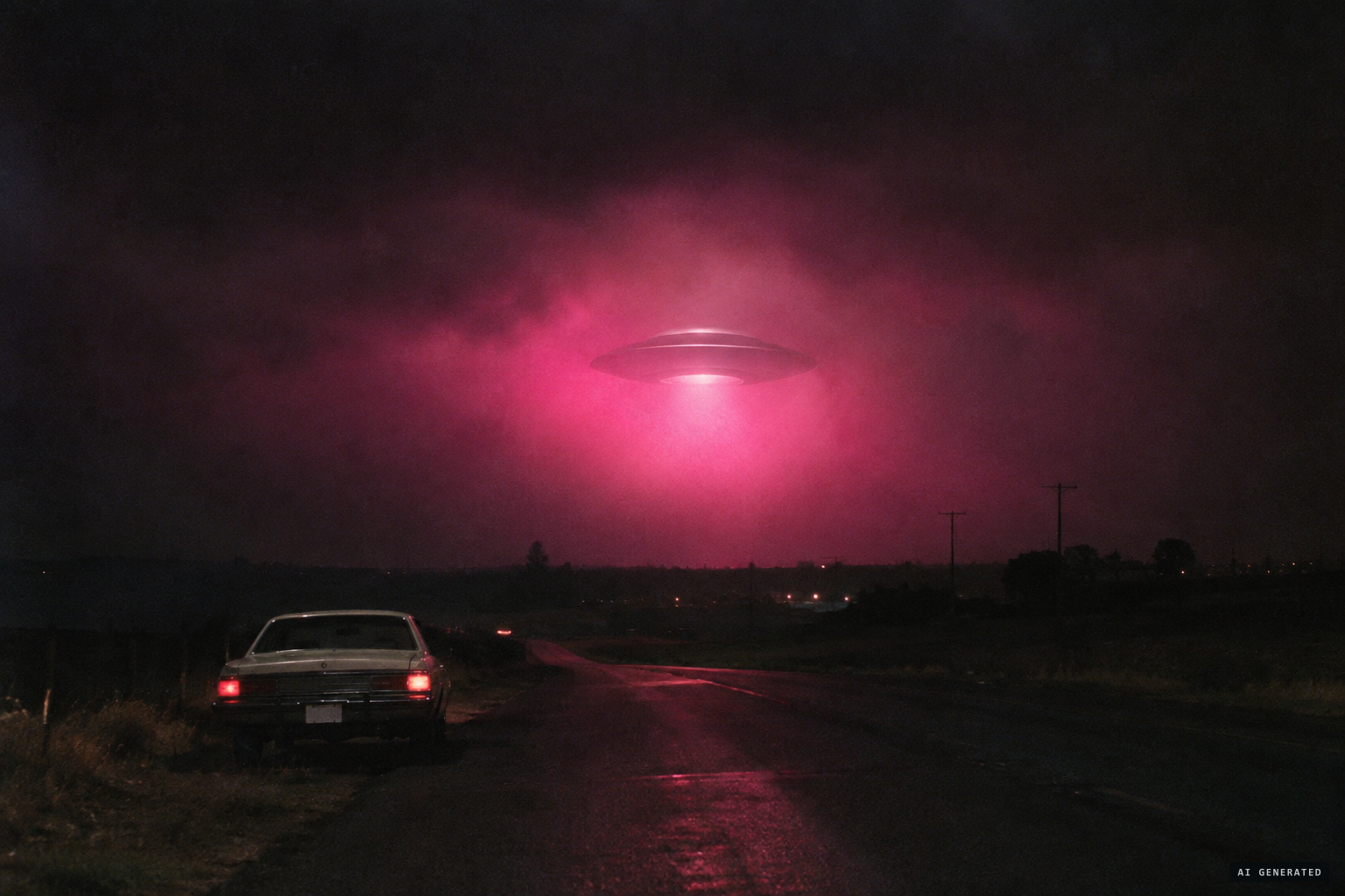 A glowing pink light over the link road surrounds a descending craft