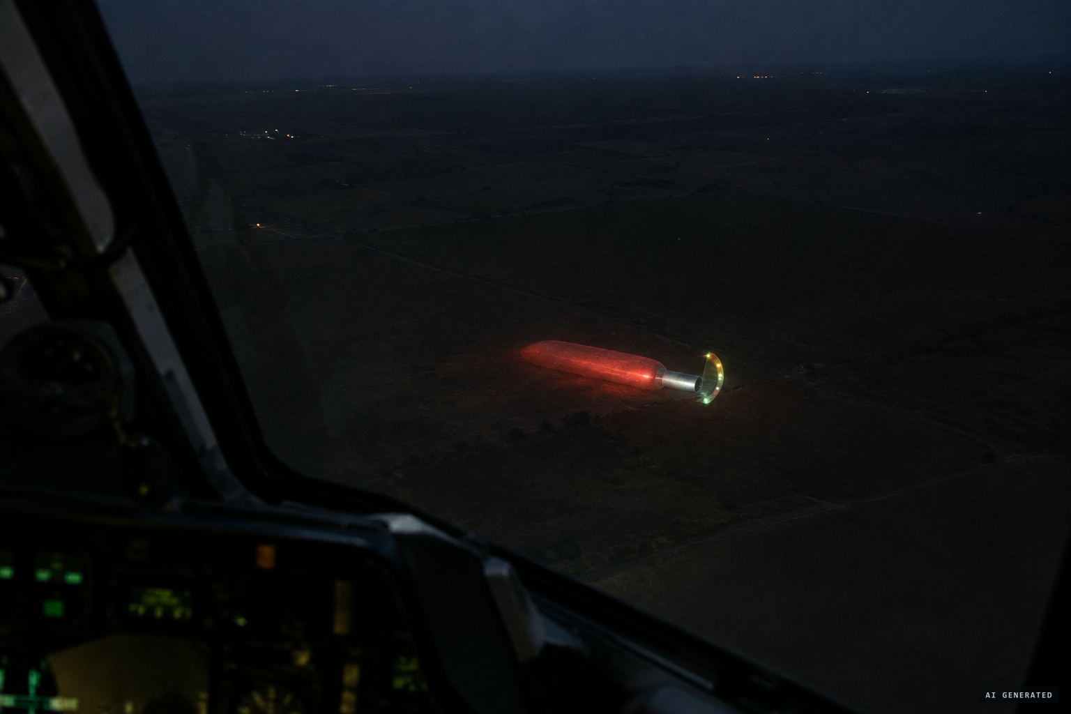 Circling to land, the pilots see a dull red shape with a metallic cylinder on the ground