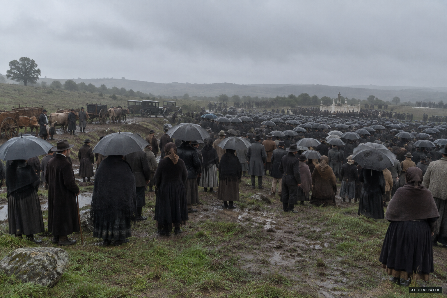 Tens of thousands wait in the pouring rain at the Cova da Iria