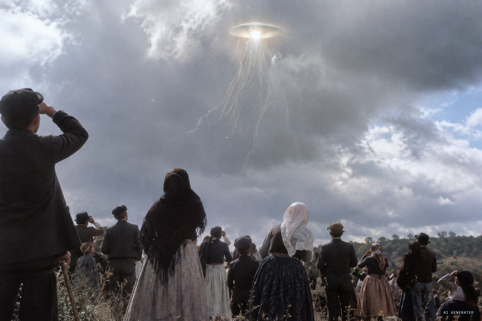 The UFO reading: a disc on a falling-leaf trajectory, with strange clouds and angel hair