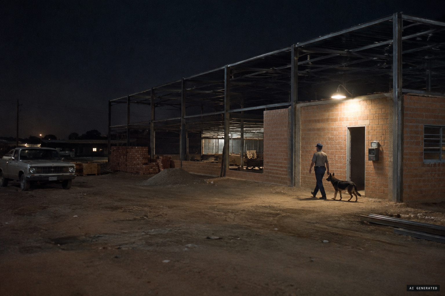 The furniture factory under construction in Mirassol and its night watchman with his German Shepherd