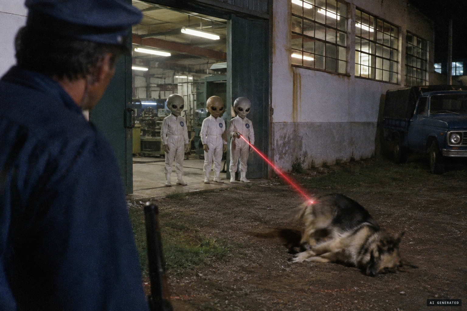 Three small beings at the door strike the dog down with a red light