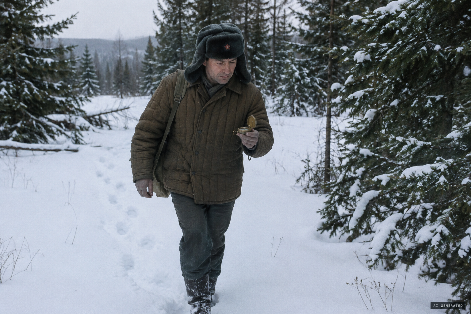 Bachurin takes a compass bearing and walks to the spot