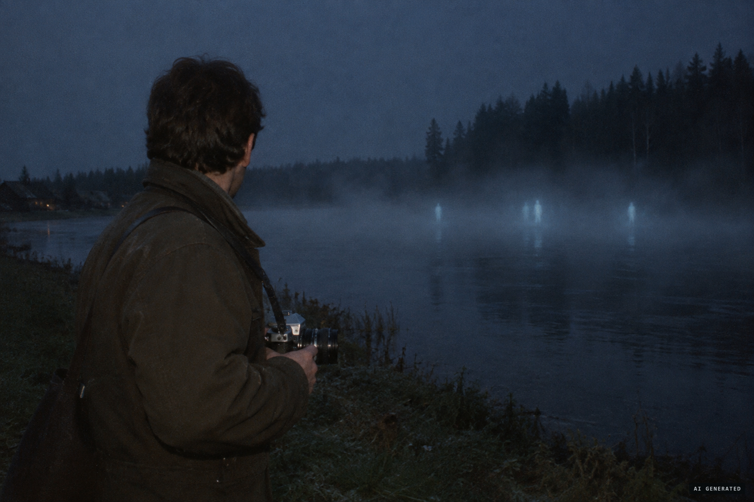 Phosphorescent silhouettes by the river, whose photographs came out exposed or failed