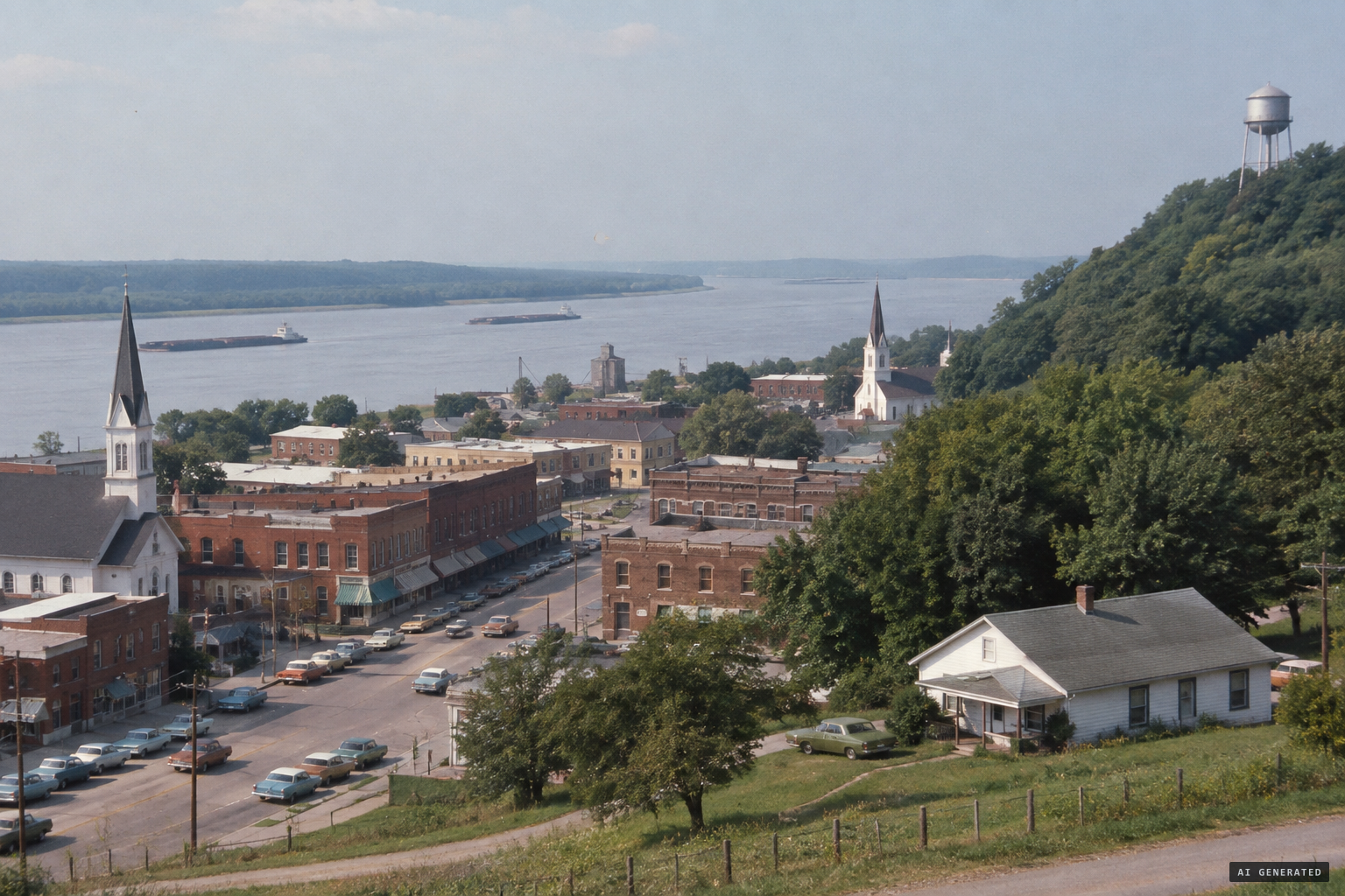 Louisiana, Missouri, and the wooded Marzolf Hill with its metal reservoir
