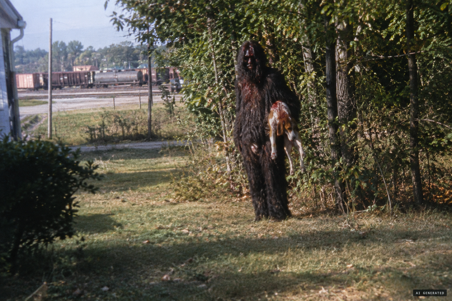 Black, hairy, no neck, speckled with blood, a dead dog under one arm