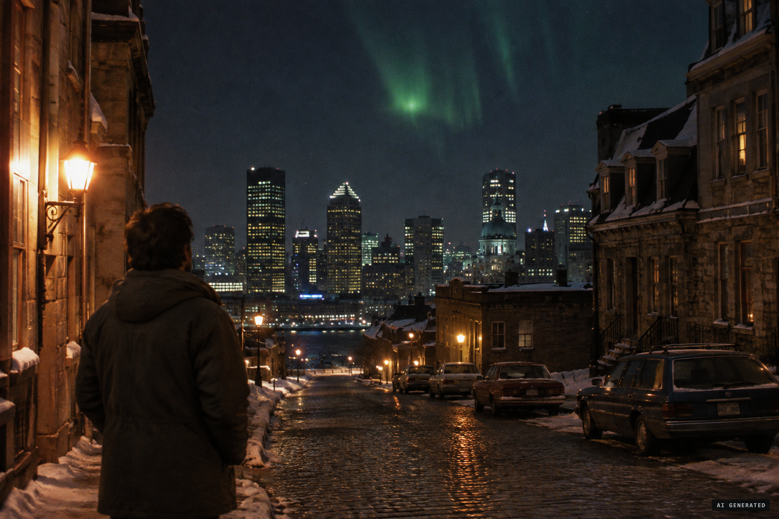 From Old Montreal, Bernard Guénette sees a greenish, aurora-like glow with streamers