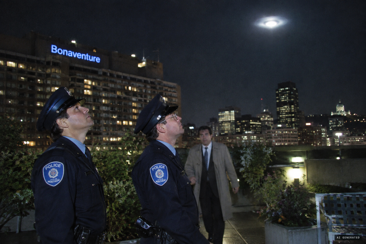 Police officers and the RCMP investigator watch the luminous round object