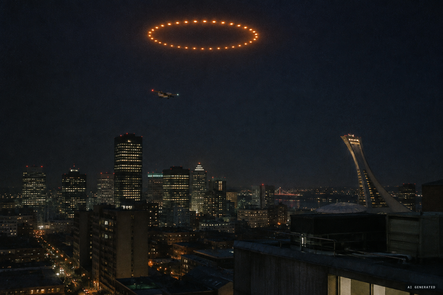 A cargo plane passes beneath the object, which Masson judged to be five football fields across