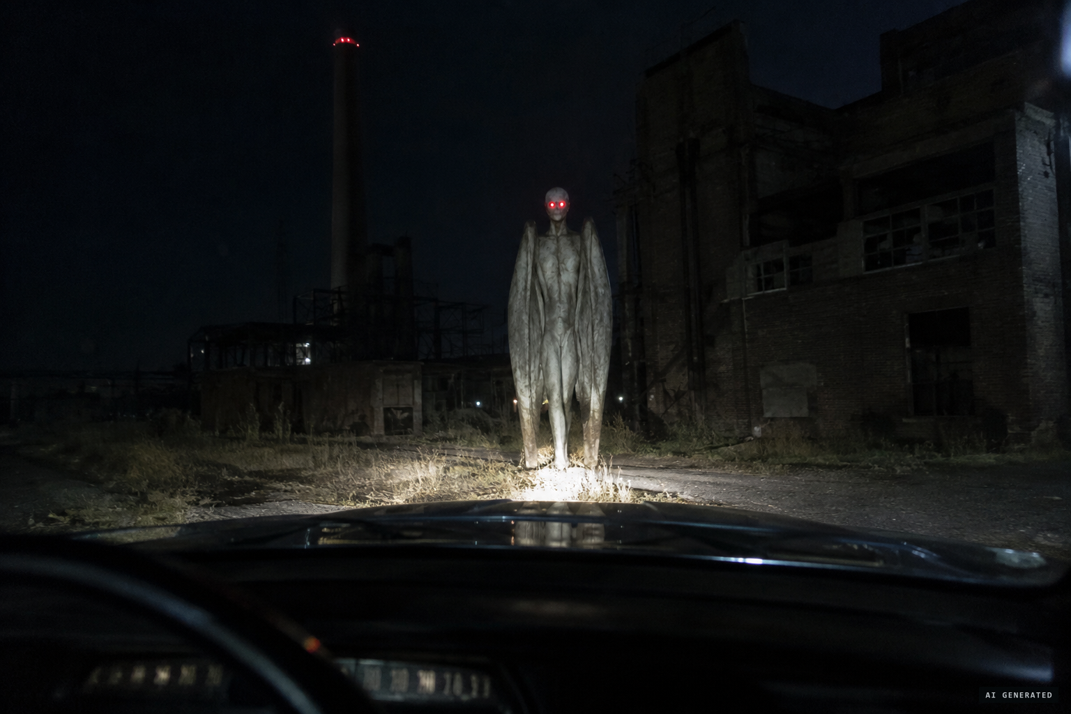 Near the old power plant, the four young people see a grey winged figure with red eyes