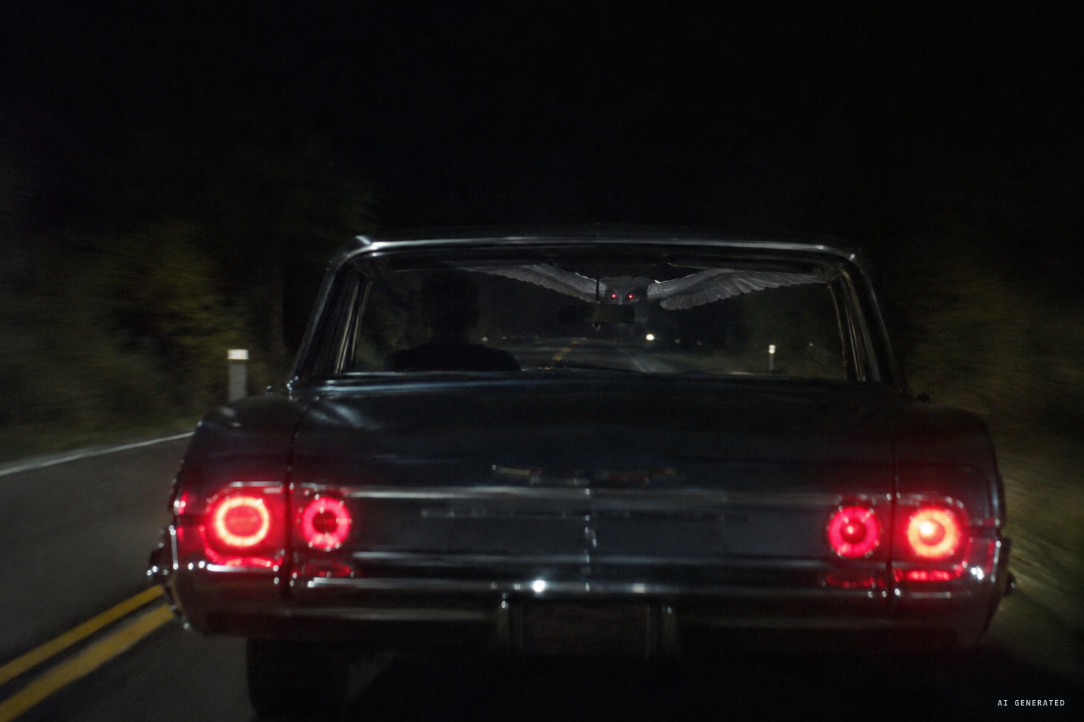 The creature glides over the speeding car, keeping pace at about 100 mph