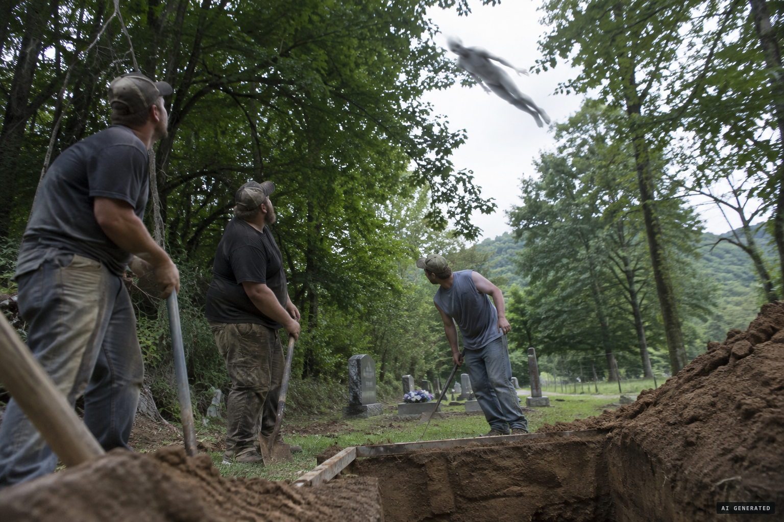 Kenneth Duncan's grave-digging crew sees a figure glide over their heads