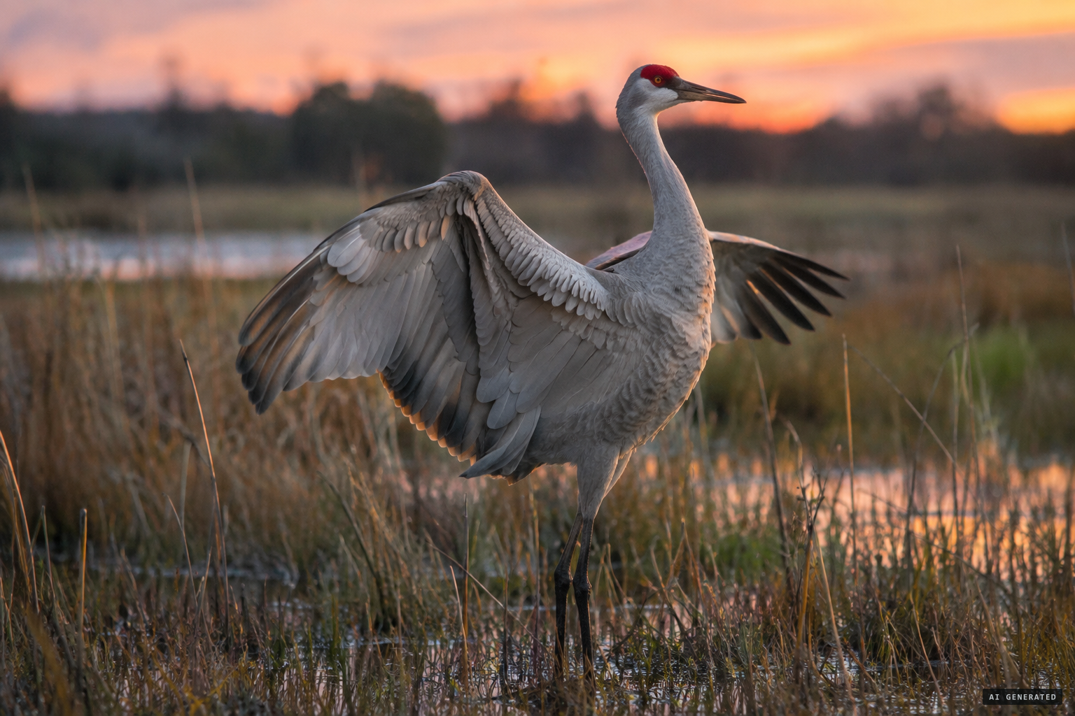 The sandhill crane, with bare reddish flesh around its eyes