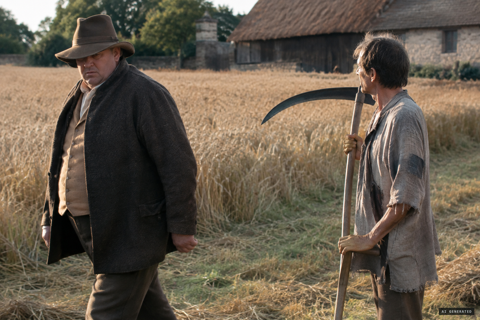 The rich farmer refuses the mower's price and swears the Devil should mow his oats