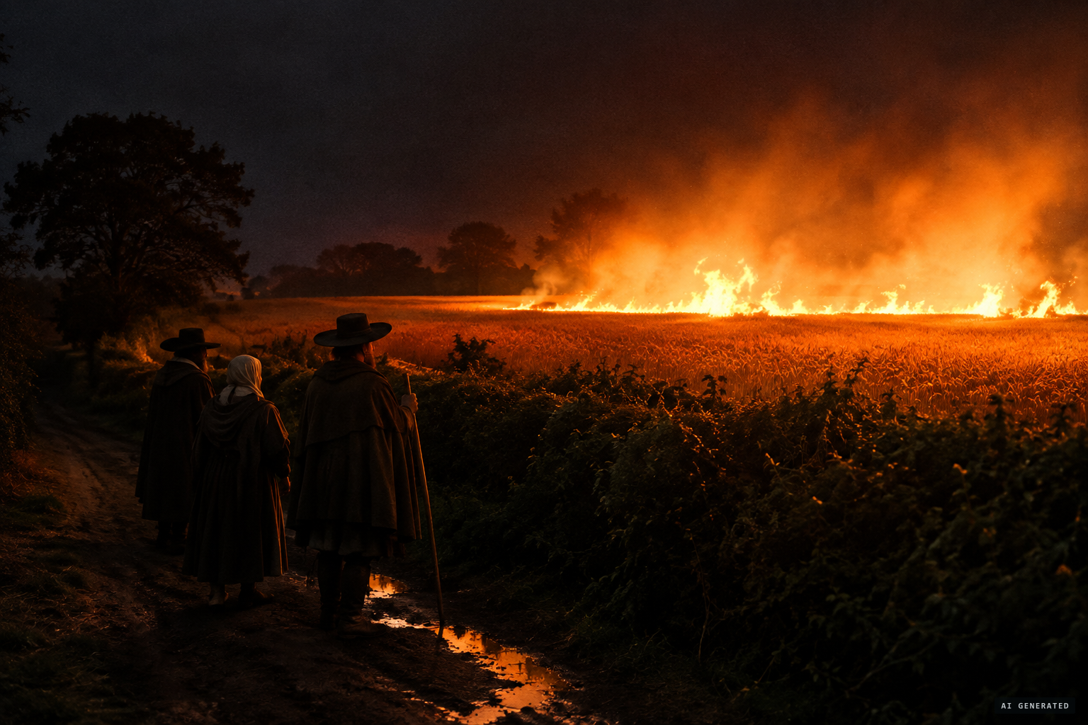 Passers-by see the oat field all of a flame