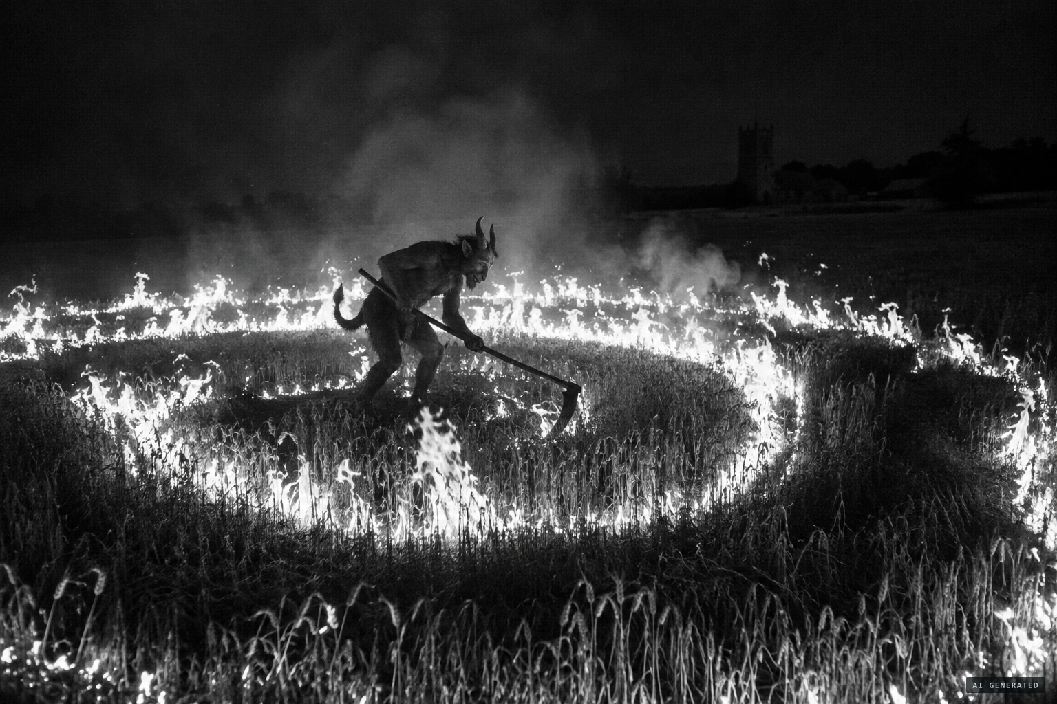The woodcut's devil mowing the oats in rings