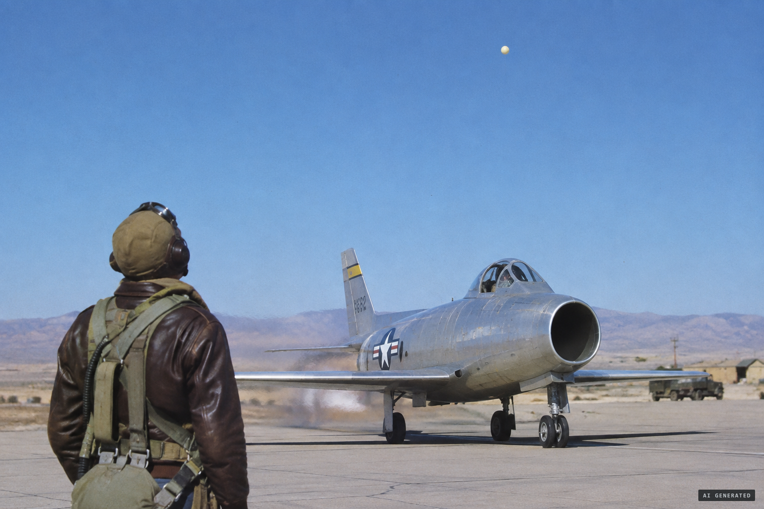 Maj. J.C. Wise, running up an XP-84, spots a yellowish white sphere at about 10,000 feet
