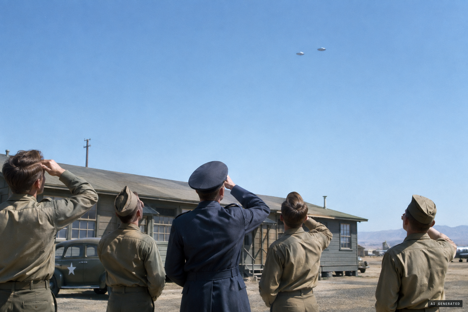 Outside the billeting office, Lt. McHenry and others see two silver objects at about 8,000 feet