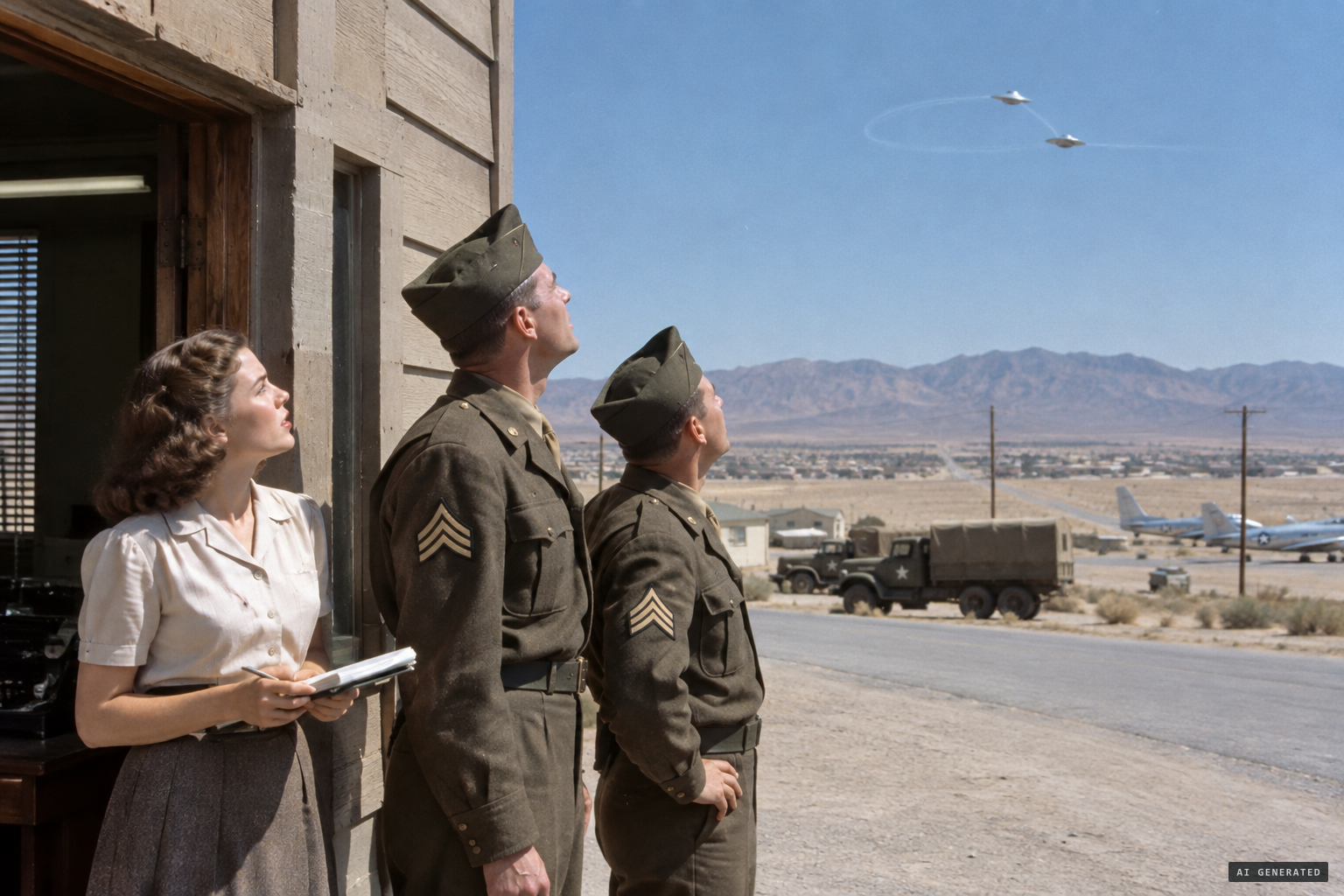Stenographer Jannette Scott and two sergeants watch two silver discs circling silently toward Mojave