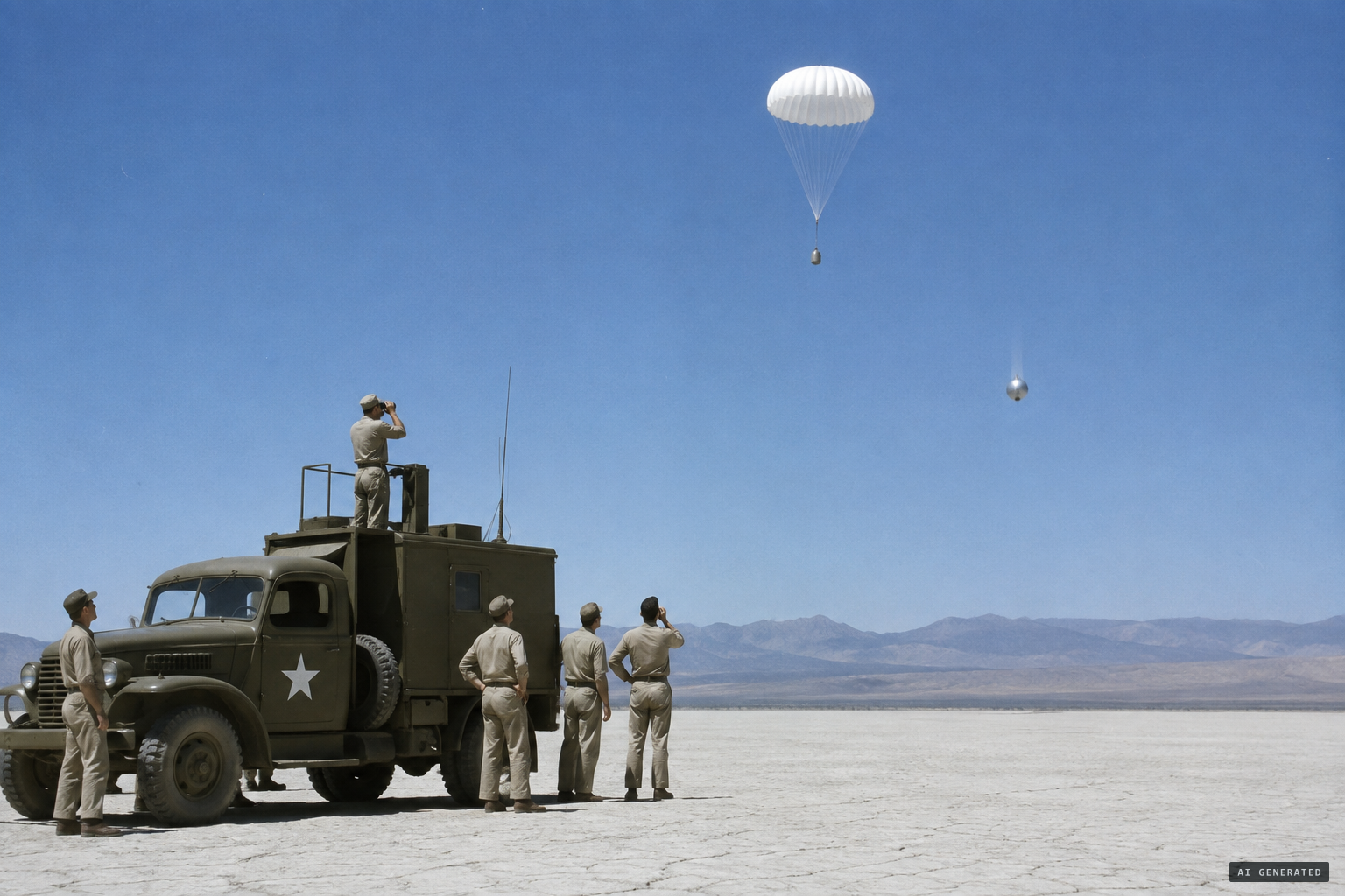 From the observation truck, men see a round, aluminium-coloured object falling faster than the test parachute