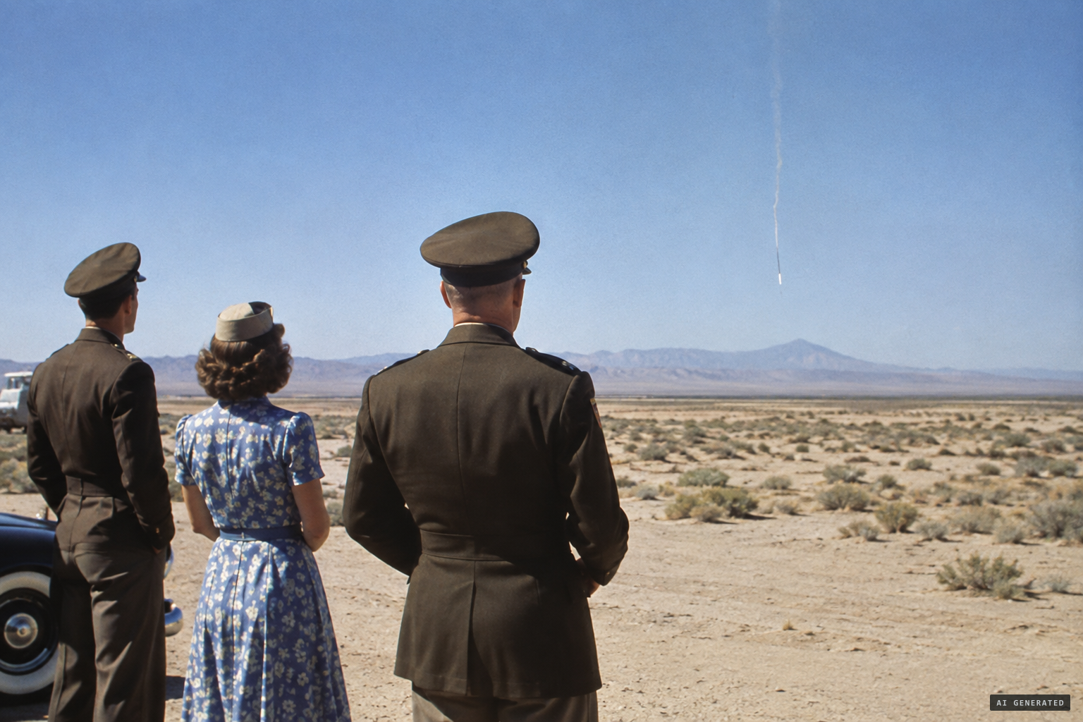 Maj. Shoop, his wife and Col. Gilkey watch a thin metallic object dropping almost to the ground