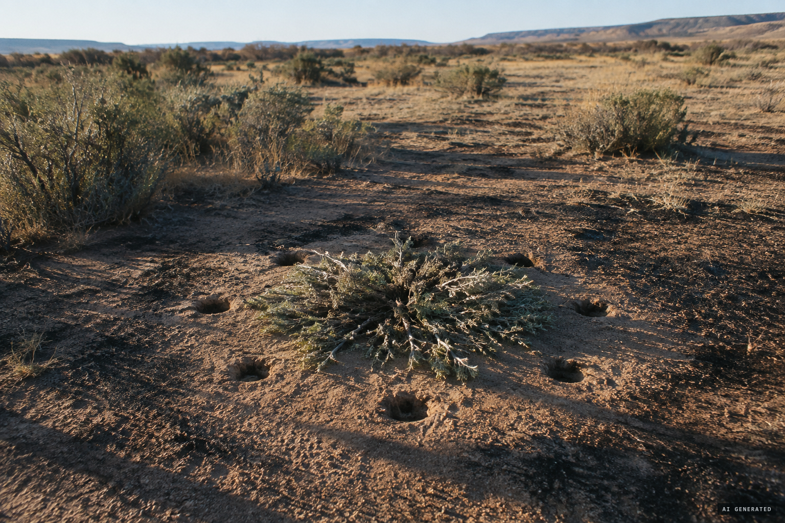 A flattened shrub ringed by six round indentations, with dark scorch marks nearby