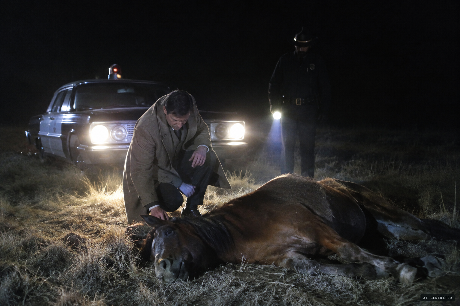 Pathologist John Altshuler examines the carcass by night after police bring him from the dunes