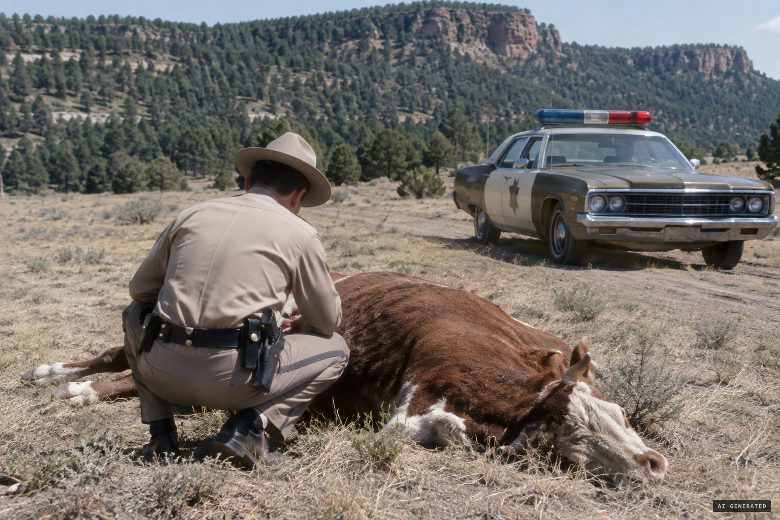 Officer Gabe Valdez, known as "the cattle mutilation guy," at a dead cow near Dulce